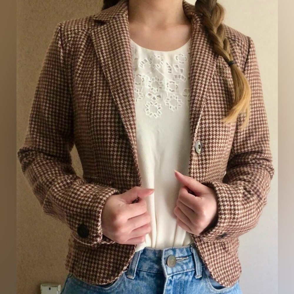 New American Eagle women's wool blend plaid bomber jacket blazer brown/tan S